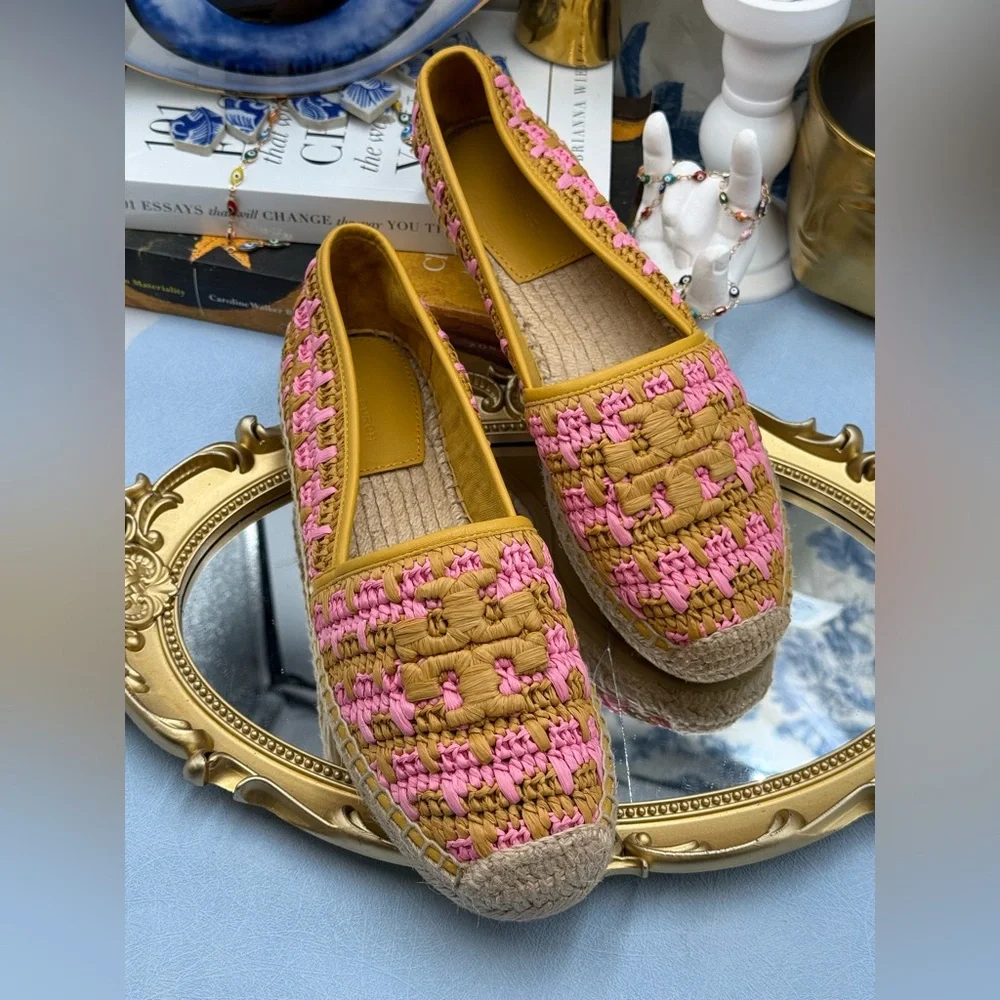 🆕 TORY BURCH 🧿 NWOB Eleanor Crochet Woven Espadrilles, Pink Carnation - Sz 7